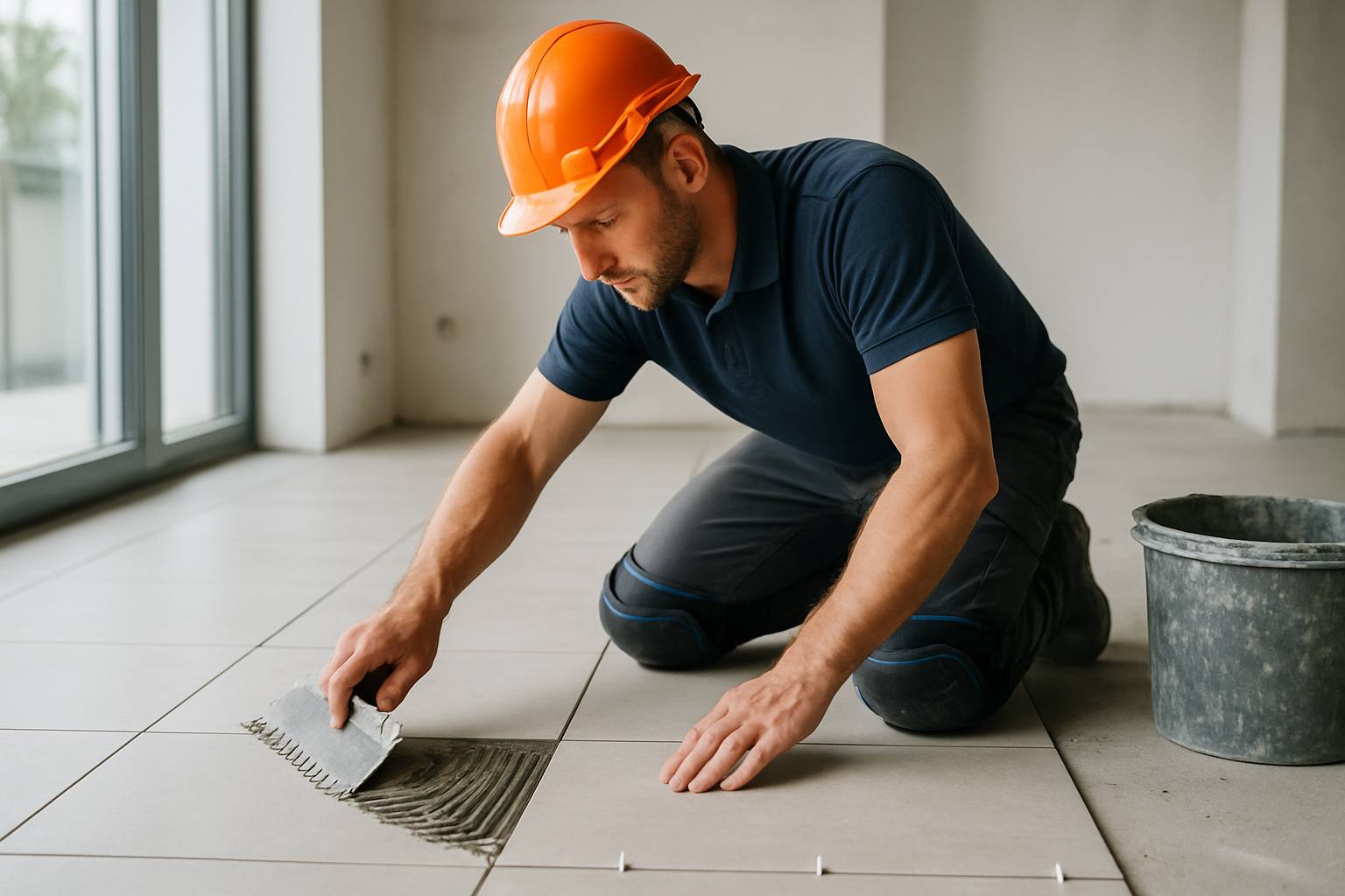 Photo réaliste d'un artisan carreleur professionnel, casque de protection, genouillères, sur un chantier moderne, posant du carrelage au sol avec précision. Ambiance professionnelle et rassurante, lumière naturelle, cadrage paysage, sans texte ni logo ni watermark.