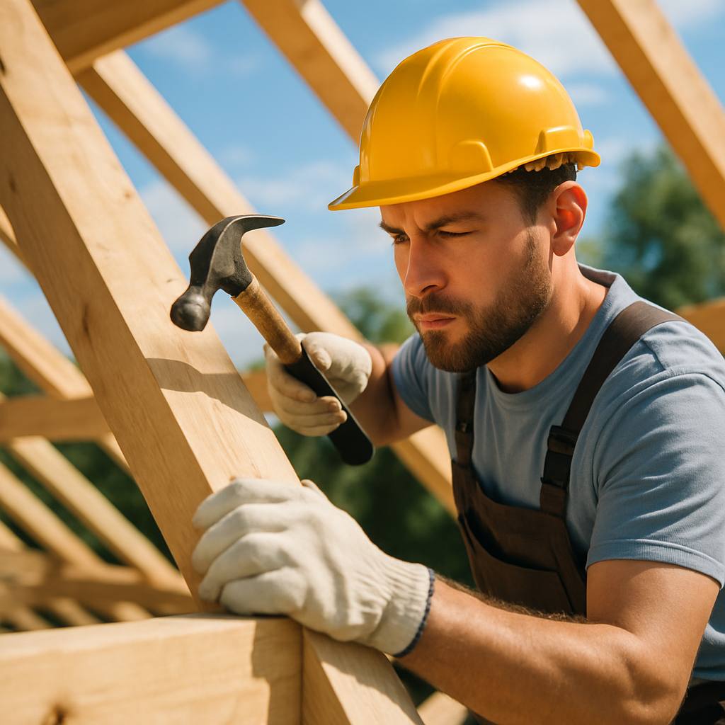 Charpentier travaillant avec concentration sur une toiture en bois en construction.