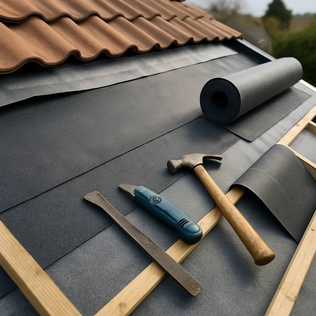 Détail d'une toiture en construction, avec des matériaux modernes et des outils. Mise en avant de l'étanchéité.