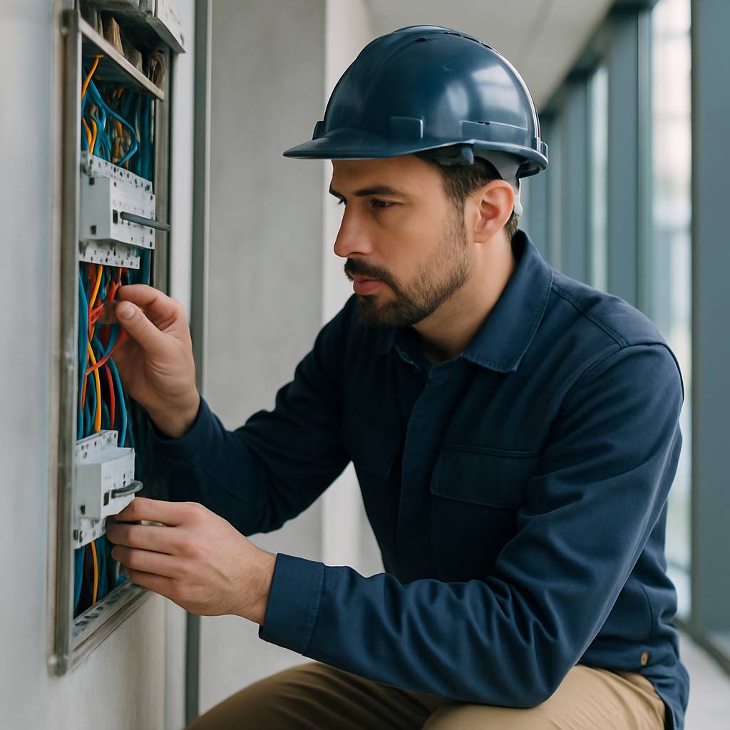 Un électricien en tenue de travail inspectant méticuleusement une installation électrique dans un bâtiment moderne, se concentrant sur les connexions, lumière naturelle.