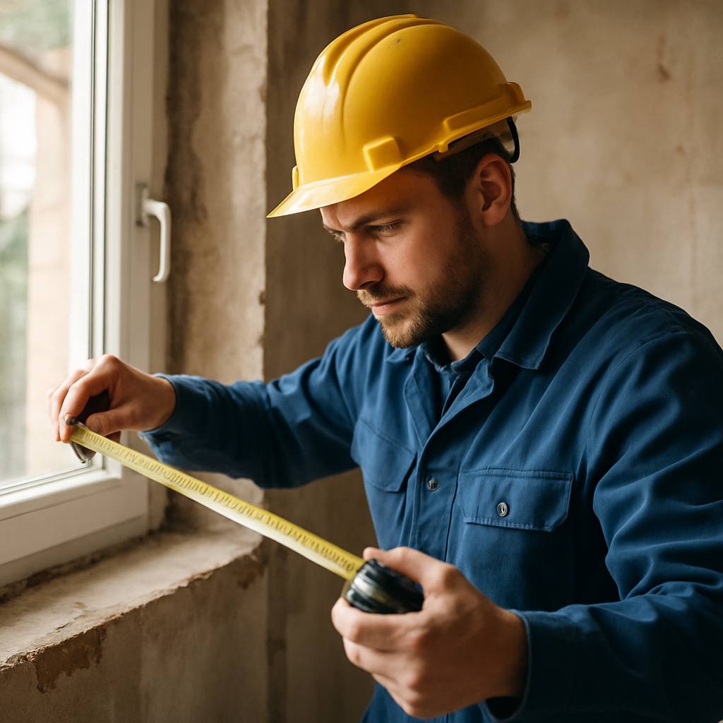 Un menuisier en tenue de travail mesurant l'emplacement d'une future fenêtre sur un chantier de rénovation, avec des outils à portée de main.
