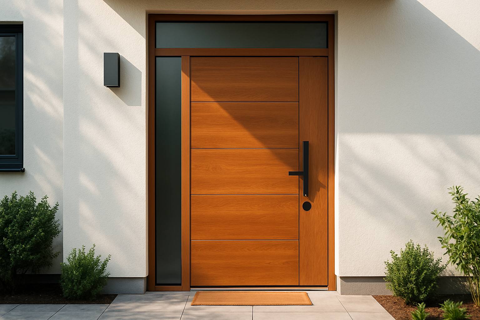Image d'une porte d'entrée en bois moderne installée, vue de l'extérieur, symbolisant l'expertise du menuisier et la protection de son ouvrage par la décennale.