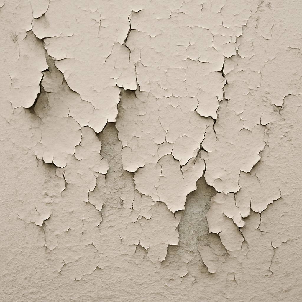 Gros plan sur une peinture murale qui s'écaille ou se décolle, signe d'un désordre décennal
