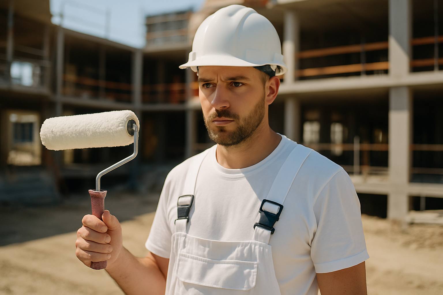 Peintre professionnel en tenue de travail sur un chantier, avec son matériel, ambiance lumineuse et sérieuse