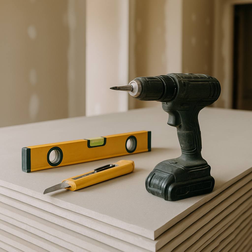 Gros plan sur des plaques de plâtre et des outils de plaquiste sur un chantier, symbolisant la qualité des matériaux et du travail.