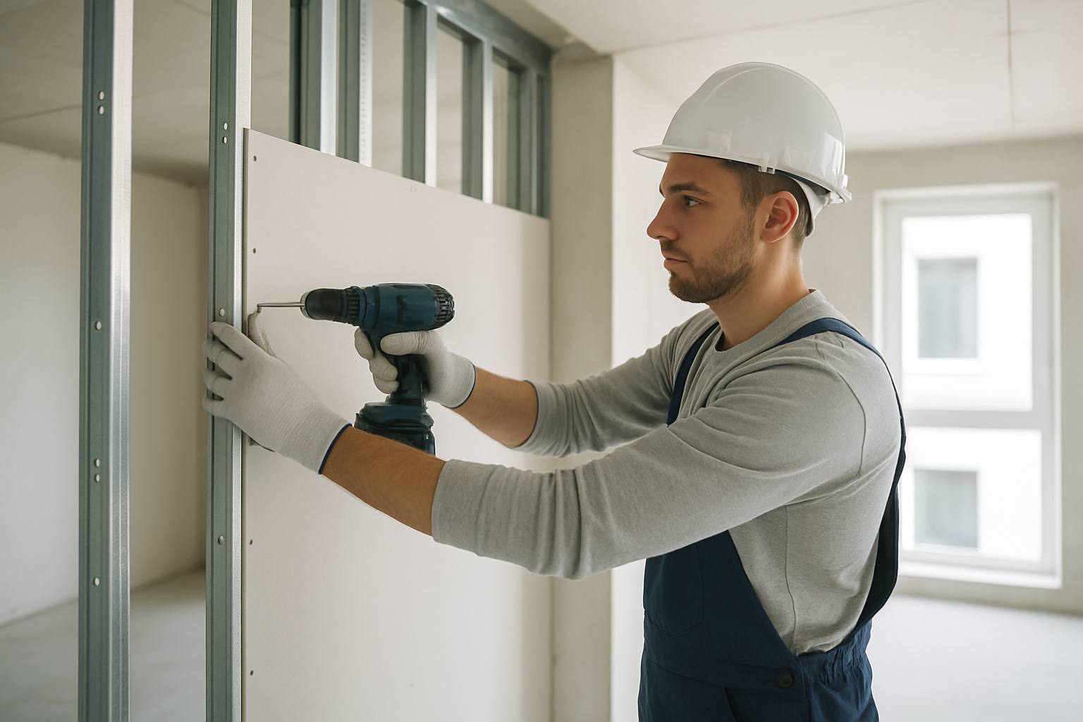 Un plaquiste en plein travail, posant des plaques de plâtre sur un chantier moderne, gage de professionnalisme.