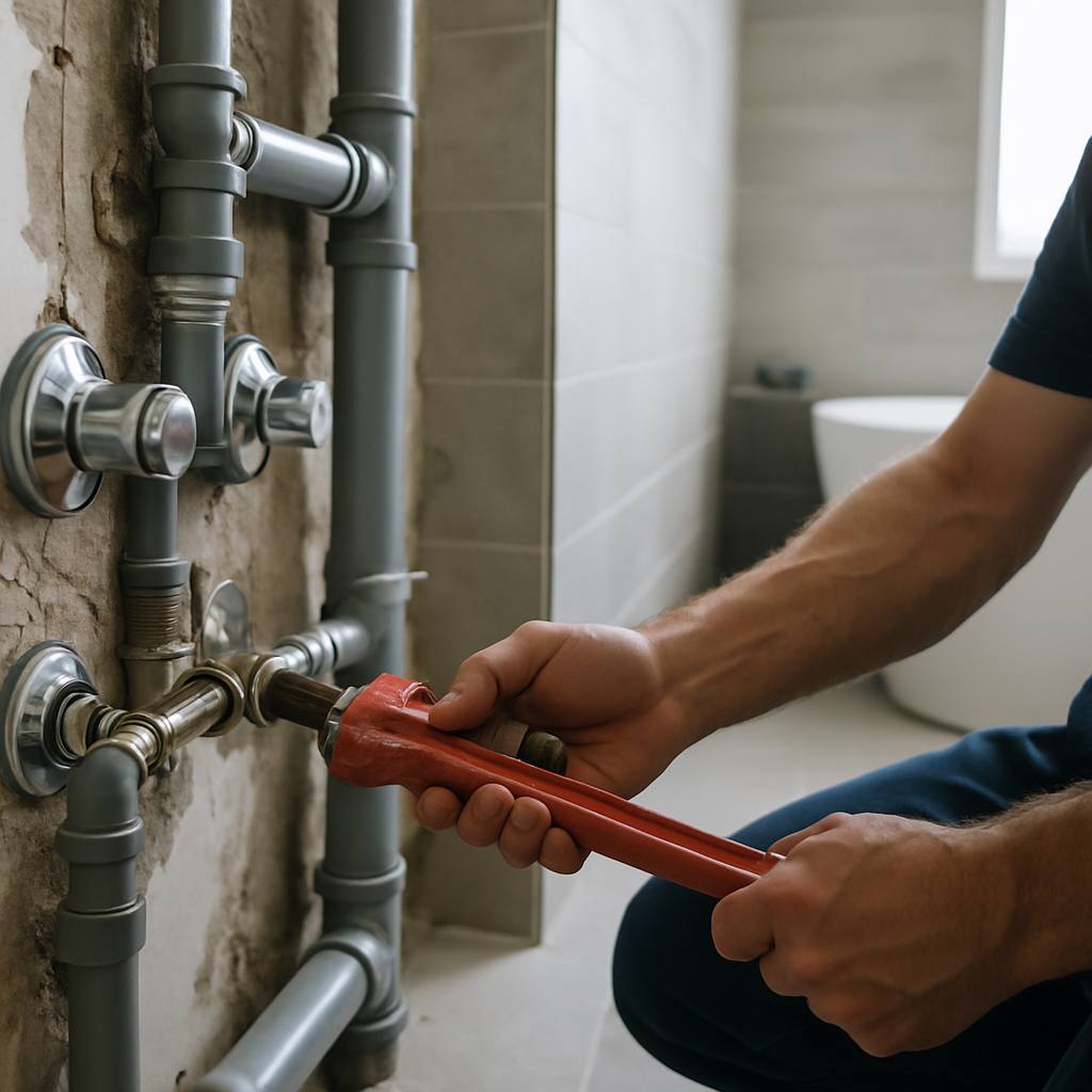 Plombier travaillant sur des tuyaux dans une salle de bain moderne.
