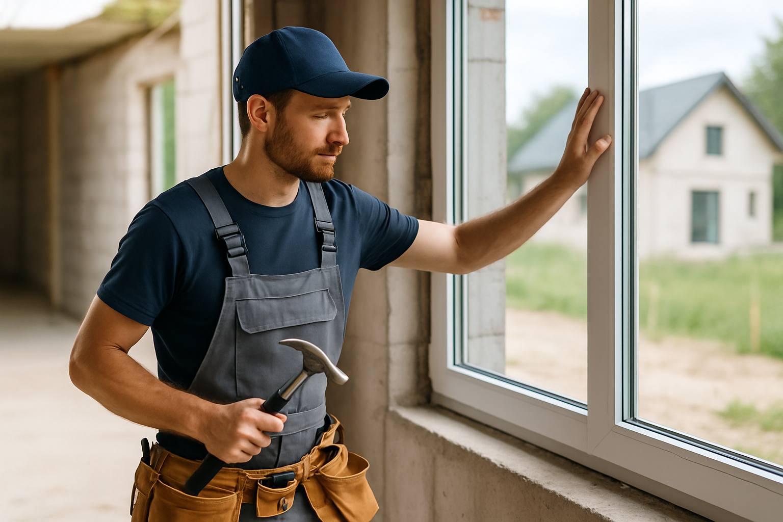Photo d'un artisan poseur de fenêtres, vérifiant une installation sur un chantier de construction