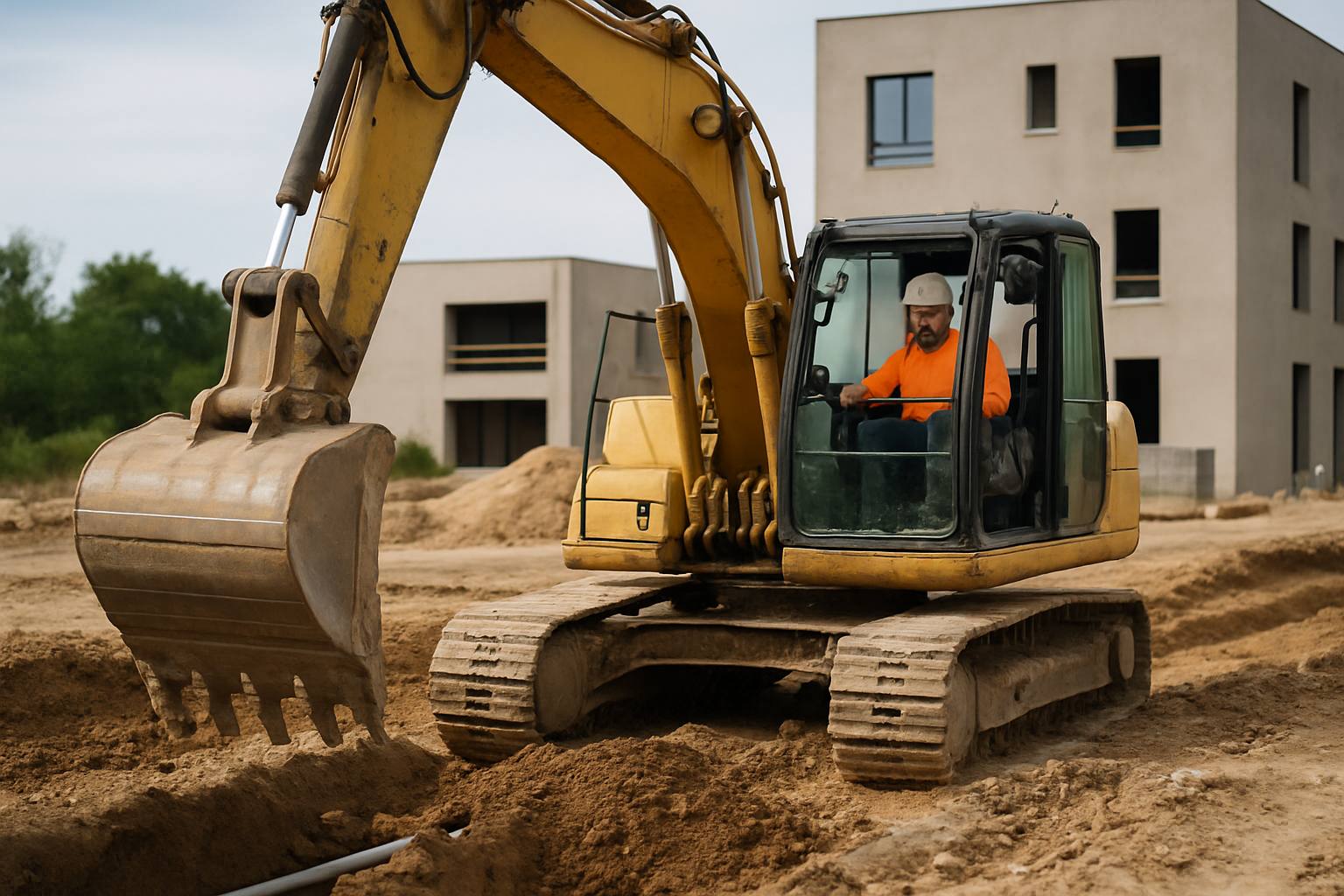 'Image à la une : Terrassier en pleine action sur un chantier de VRD avec une pelleteuse, en arrière-plan un bâtiment en construction.'
