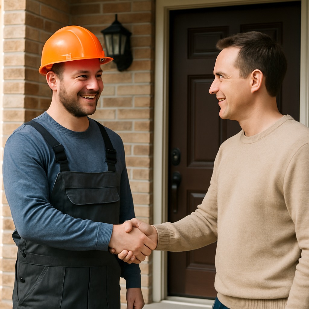 Poignée de main entre un artisan auto-entrepreneur et un client particulier devant l'entrée d'une maison