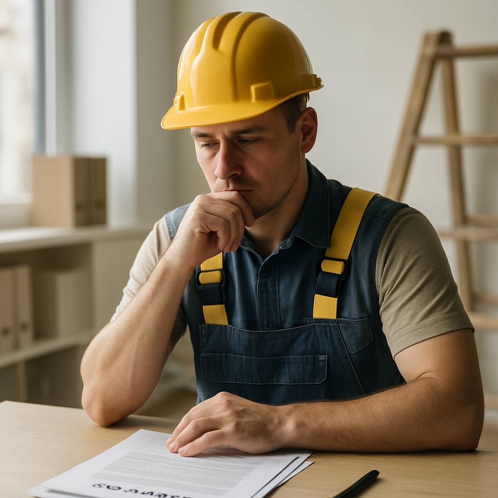 Artisan du bâtiment réfléchissant devant des documents d'assurance