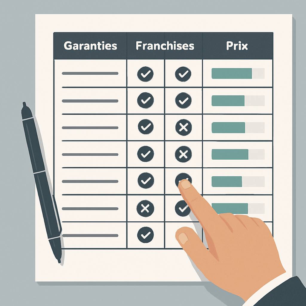 Illustration d'un tableau comparatif d'assurances décennale, mettant en évidence les garanties, franchises et prix