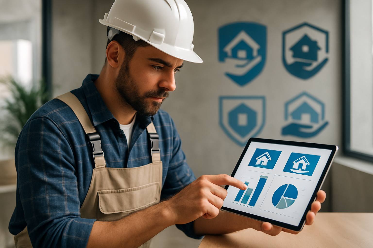 Artisan du bâtiment utilisant une tablette pour comparer des offres d'assurance décennale