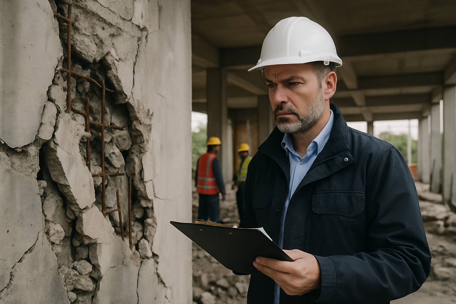 Expert en bâtiment examinant des dommages importants sur un chantier après un sinistre décennal