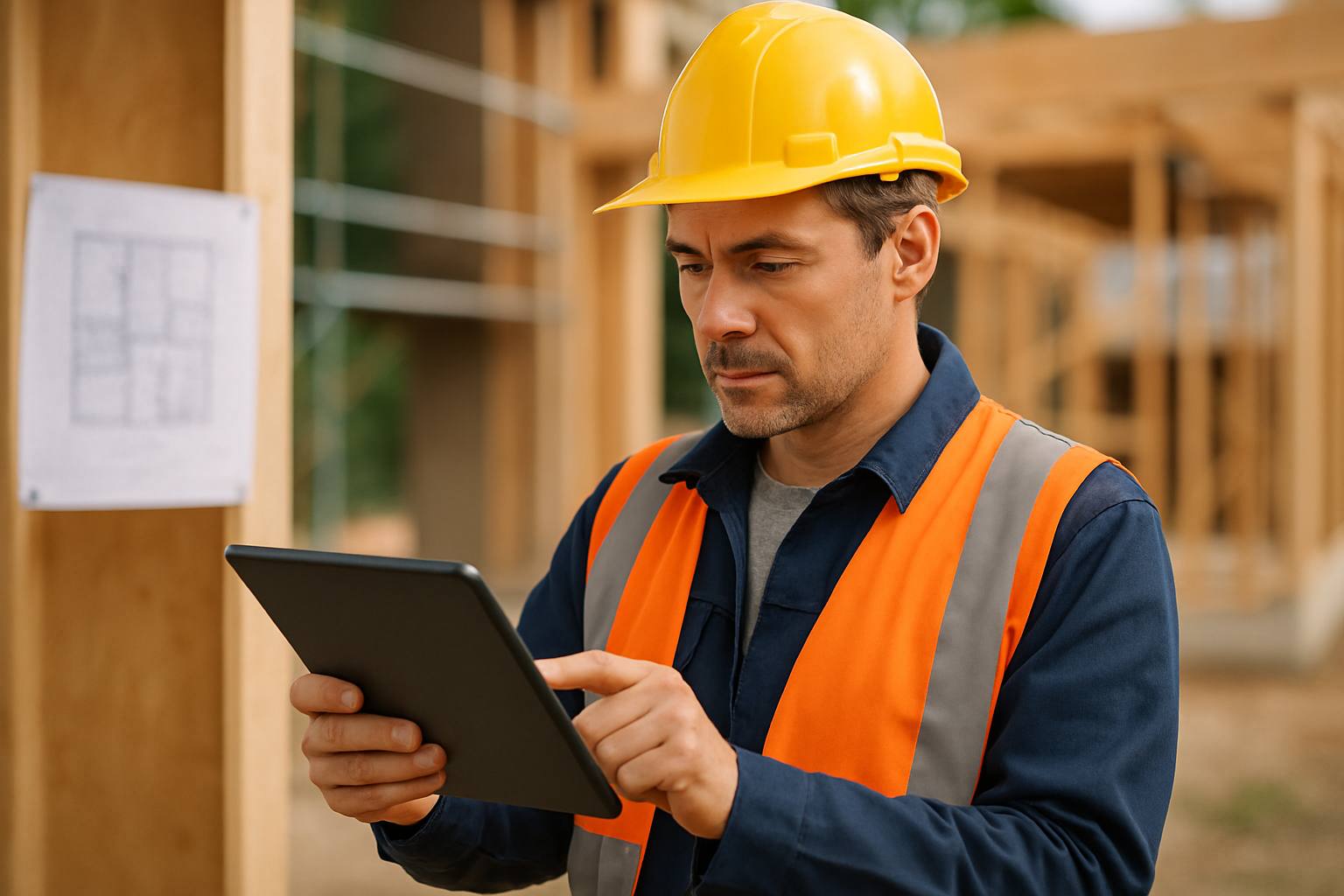 Un artisan du bâtiment examinant un contrat d'assurance décennale sur une tablette, avec des plans de construction en arrière-plan.