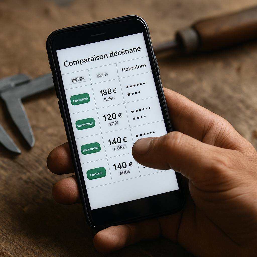 Main d'artisan comparant des offres d'assurance décennale sur un smartphone via un comparateur en ligne