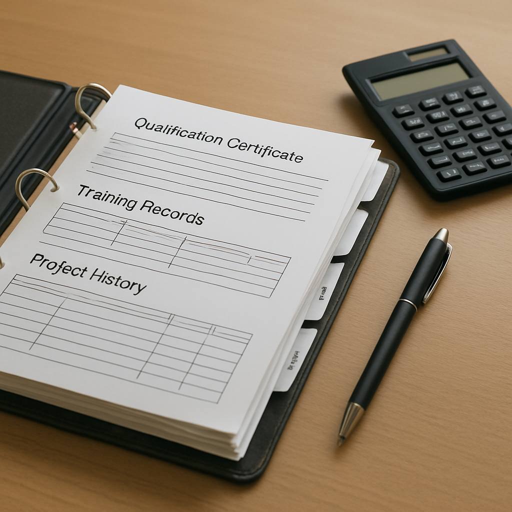 Dossier bien organisé avec des documents professionnels et preuves de compétence pour négocier son assurance décennale