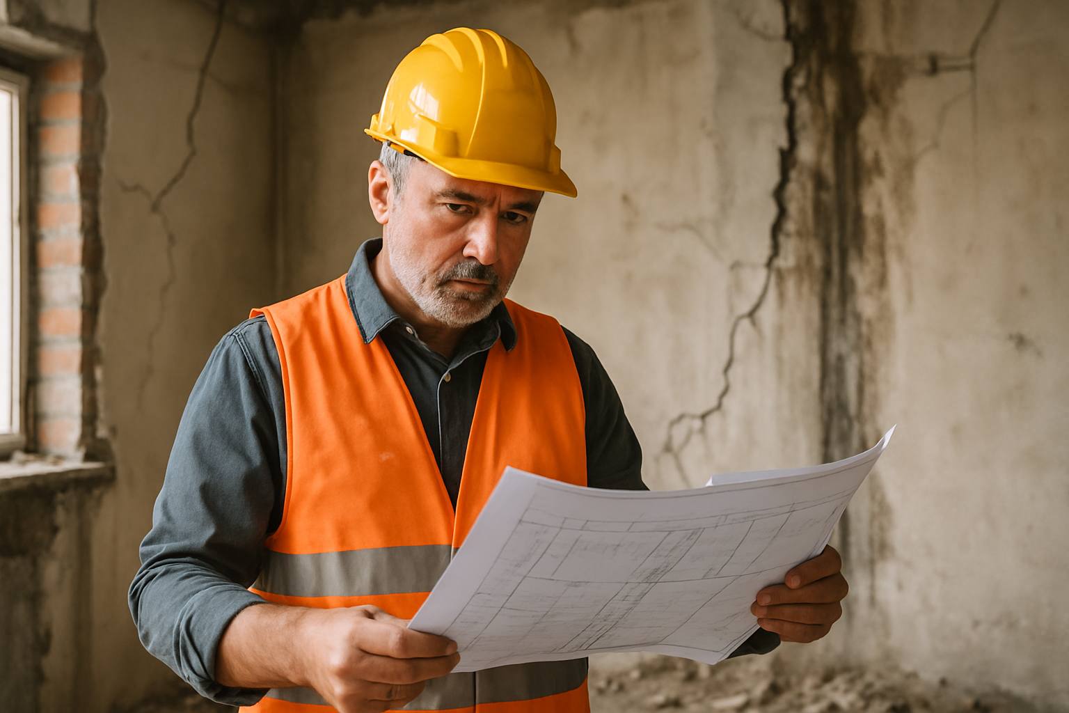 Artisan du bâtiment consultant des documents sur un chantier après un sinistre décennal