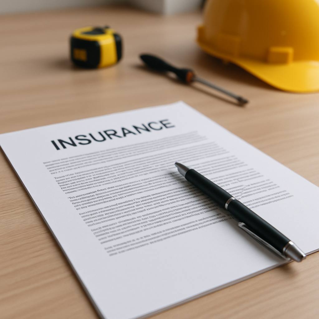 Contrat d'assurance ouvert sur un bureau avec des outils de chantier