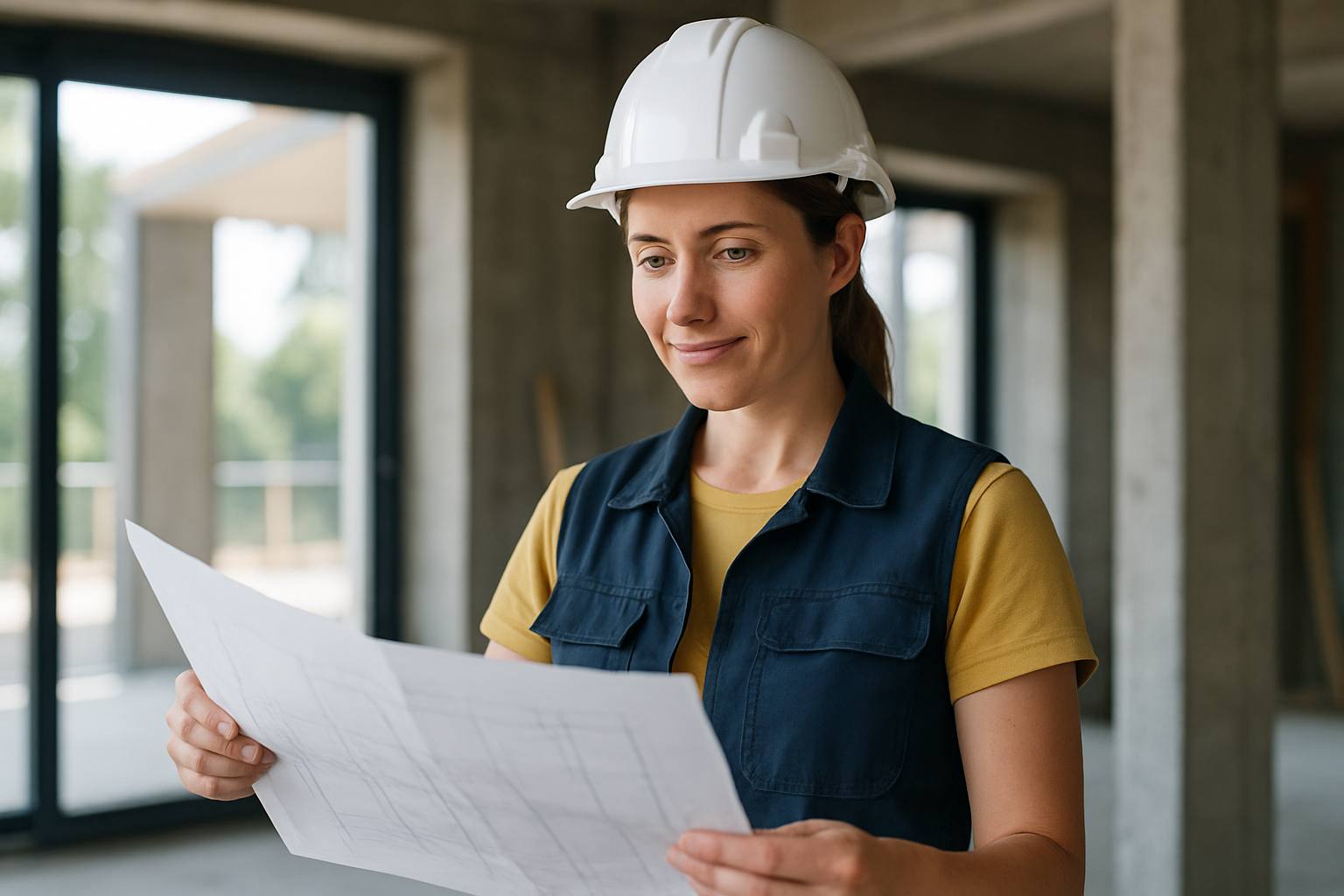 Photo d'un auto-entrepreneur du bâtiment regardant son chantier avec un plan à la main, symbolisant la gestion des risques et la protection.