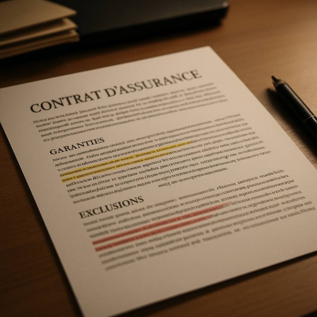 Gros plan sur un contrat d'assurance RC Pro ouvert avec des sections soulignées