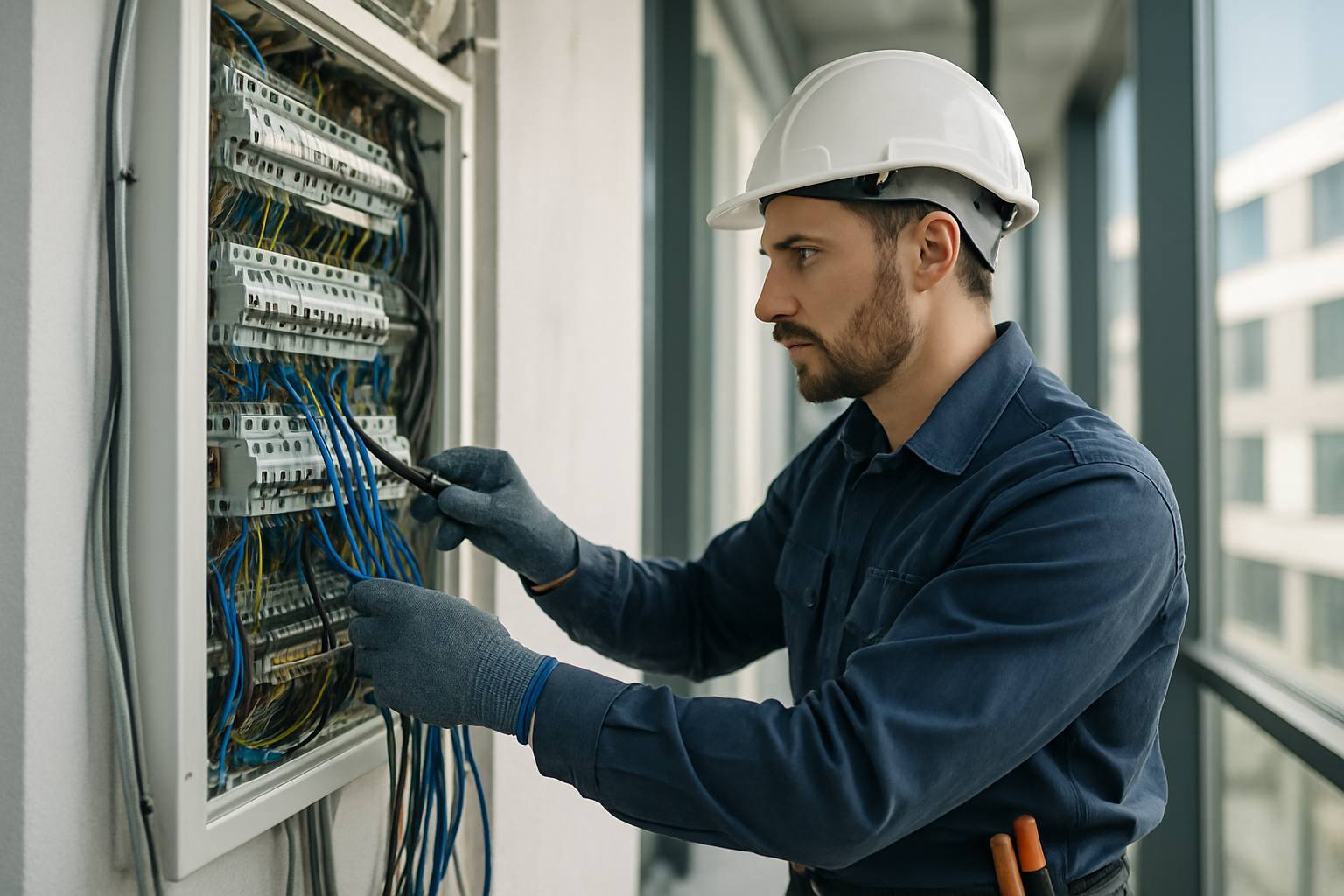 Image d'un électricien en tenue de travail vérifiant une installation électrique