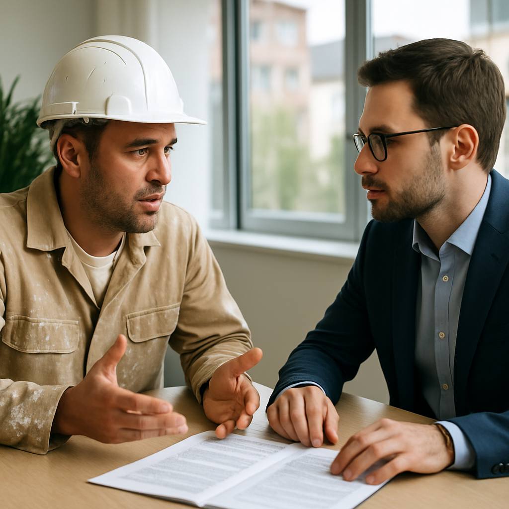 Professionnel du bâtiment discutant un contrat d'assurance