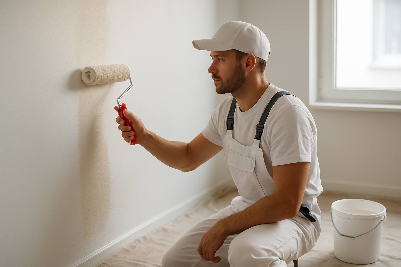 Peintre en bâtiment professionnel appliquant de la peinture sur un mur, avec du matériel de protection au sol.