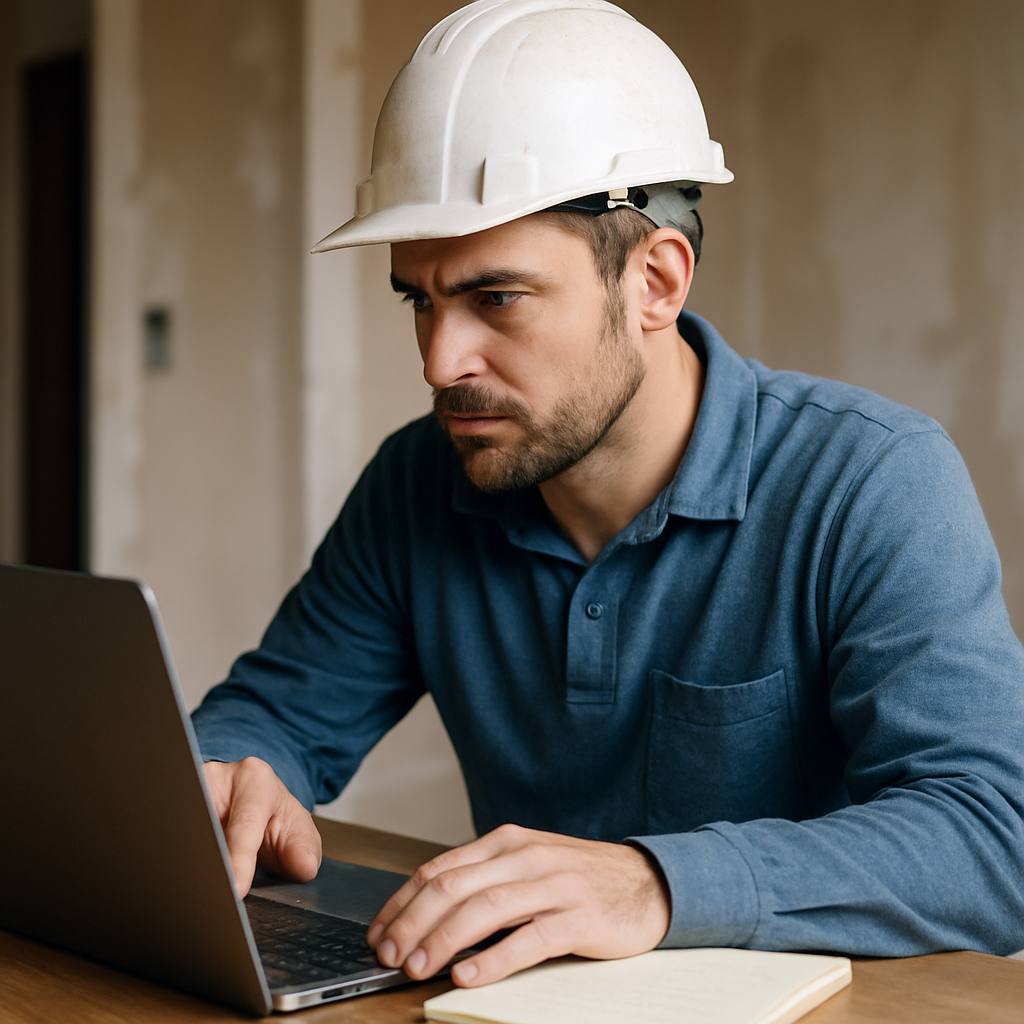 Professionnel du bâtiment consultant des documents d'assurance sur son ordinateur, cherchant des solutions