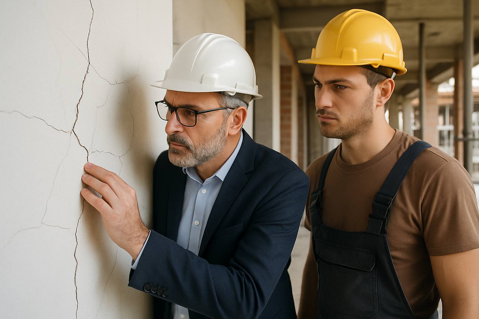 Expert en bâtiment et artisan constatant des dommages décennaux sur un chantier