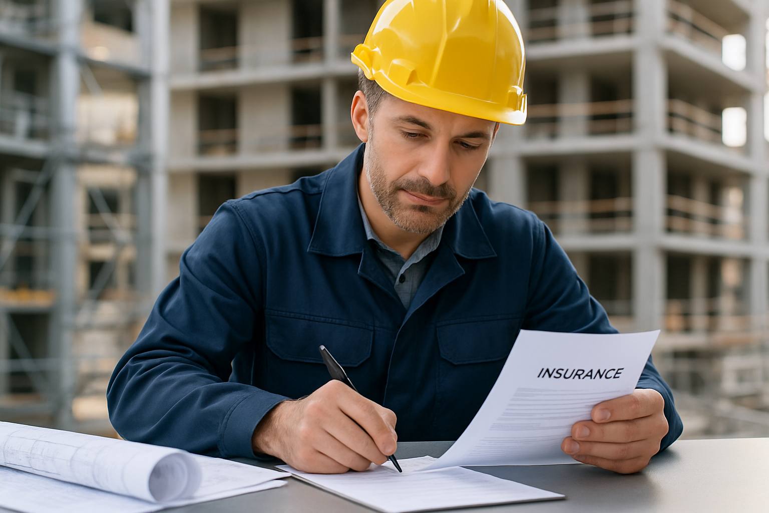 Photo réaliste d'un artisan du bâtiment signant un contrat d'assurance sur un chantier, avec son casque et des plans de construction, symbolisant la souscription sécurisée de la décennale.
