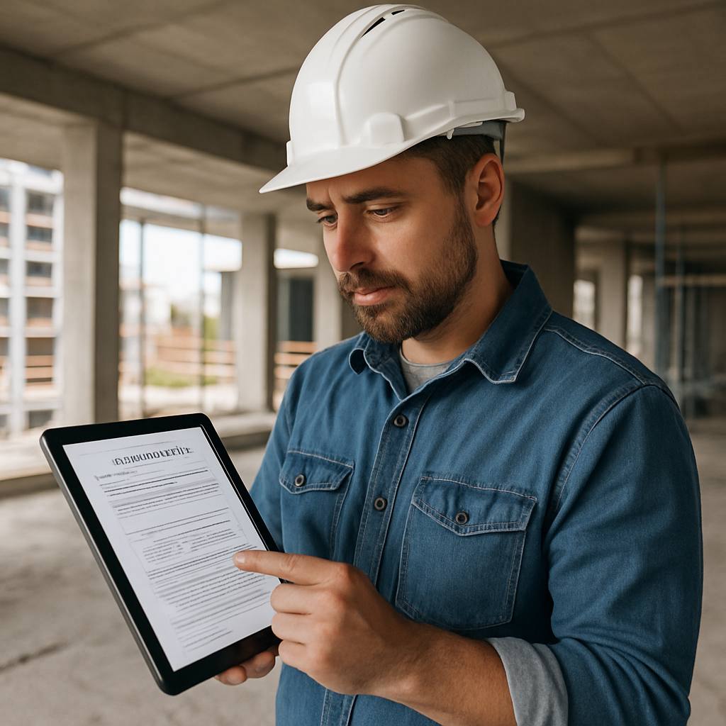 Un artisan du bâtiment sur un chantier, tenant une tablette et vérifiant une attestation d'assurance décennale numérique. Le professionnel semble rassuré et efficace.